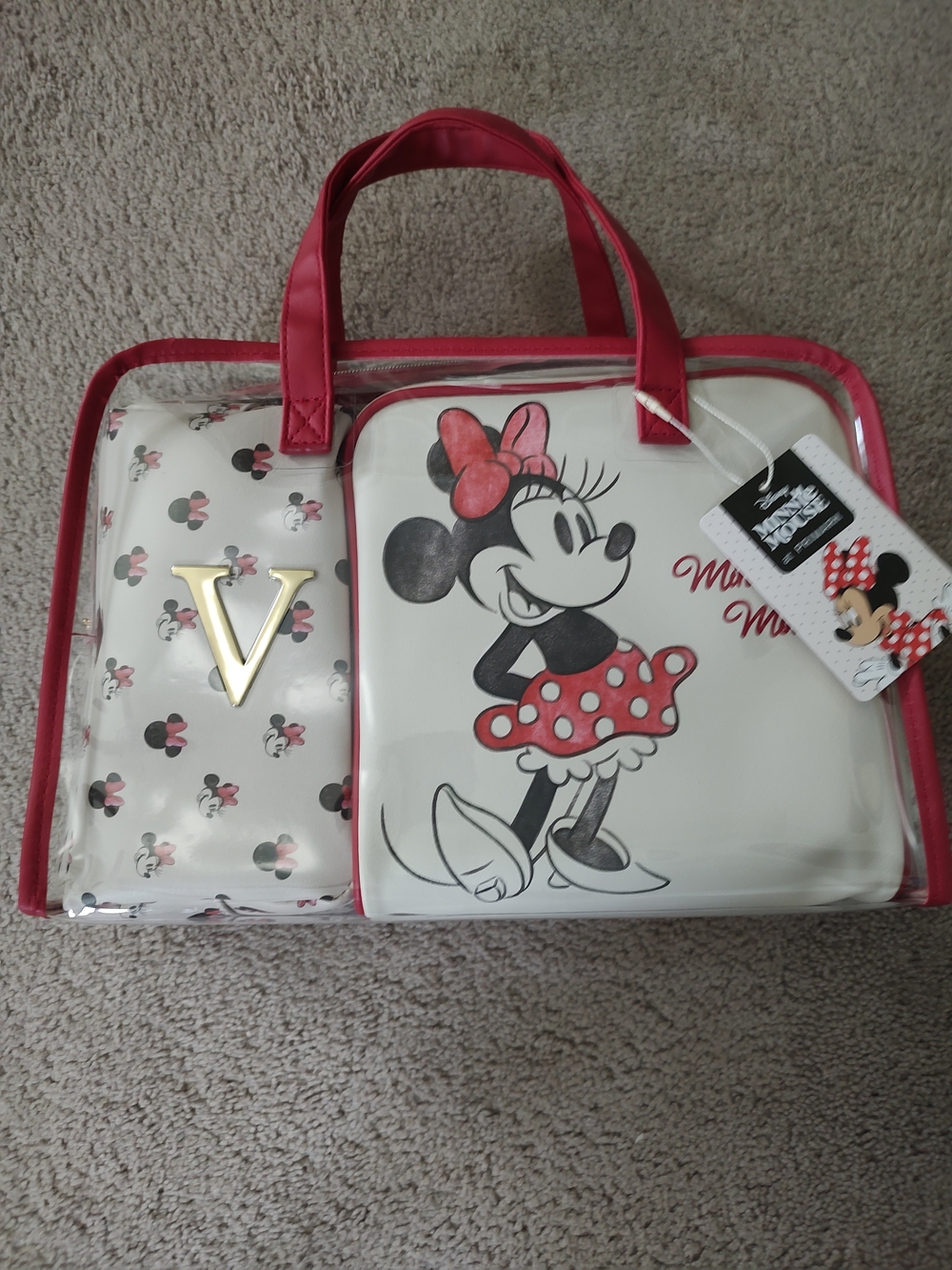 Disney Minnie Mouse Clear Cosmetic Tote with Red Trim and Gold Accent